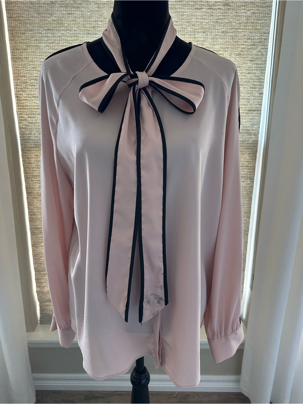 Calvin Klein Pale Pink Bow Tie Blouse with Black Trim